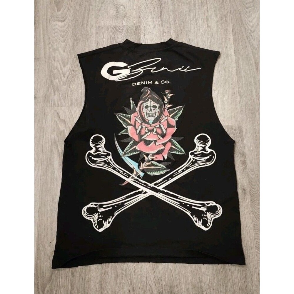 Gunzinii Skull & Bones Black Graphic T-shirt Size Medium Cut Off Sleeve - Picture 6 of 8